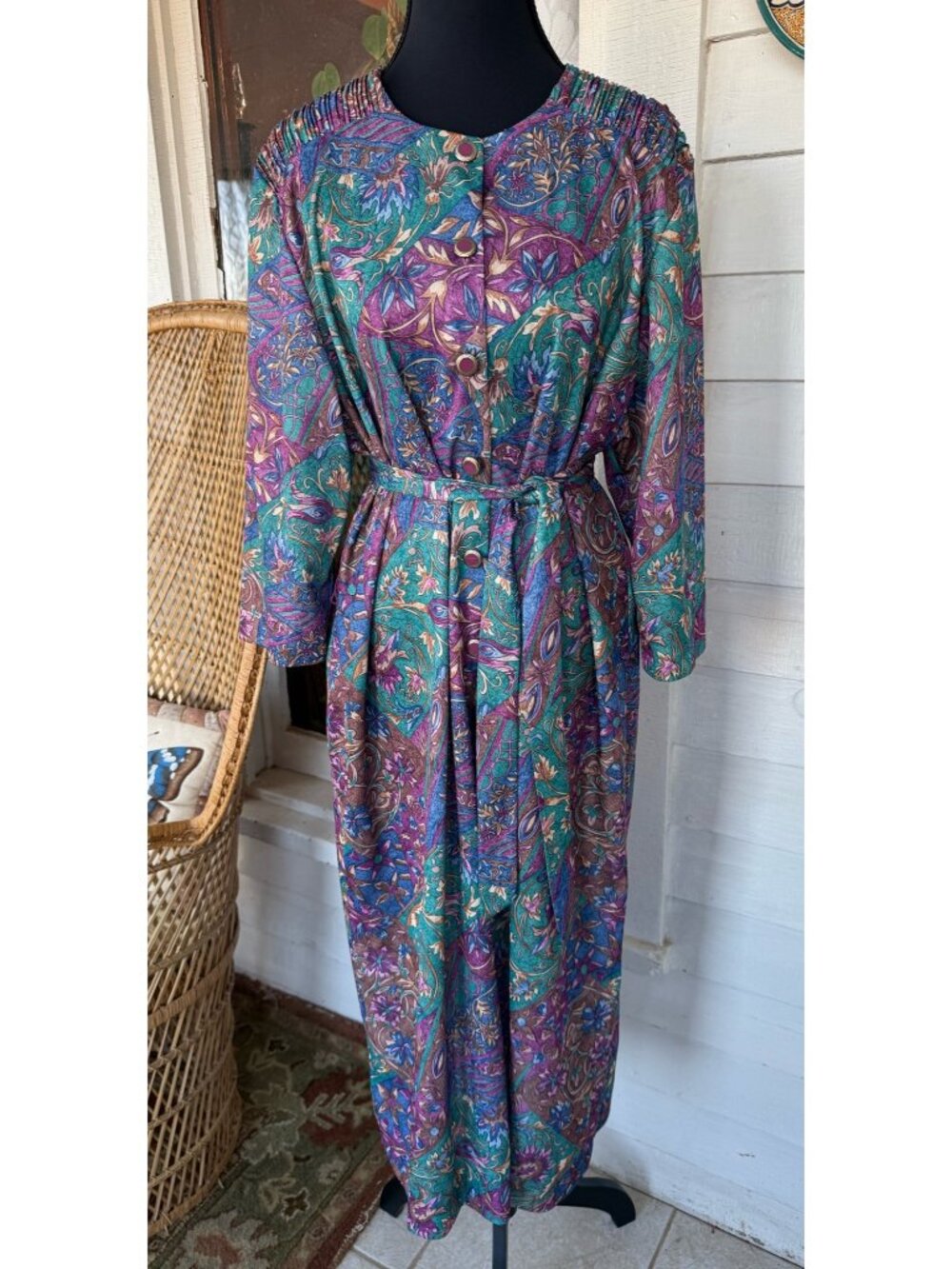 Vintage 70's Nancy II Blue Purple Floral Belted House Dress Sz 18
